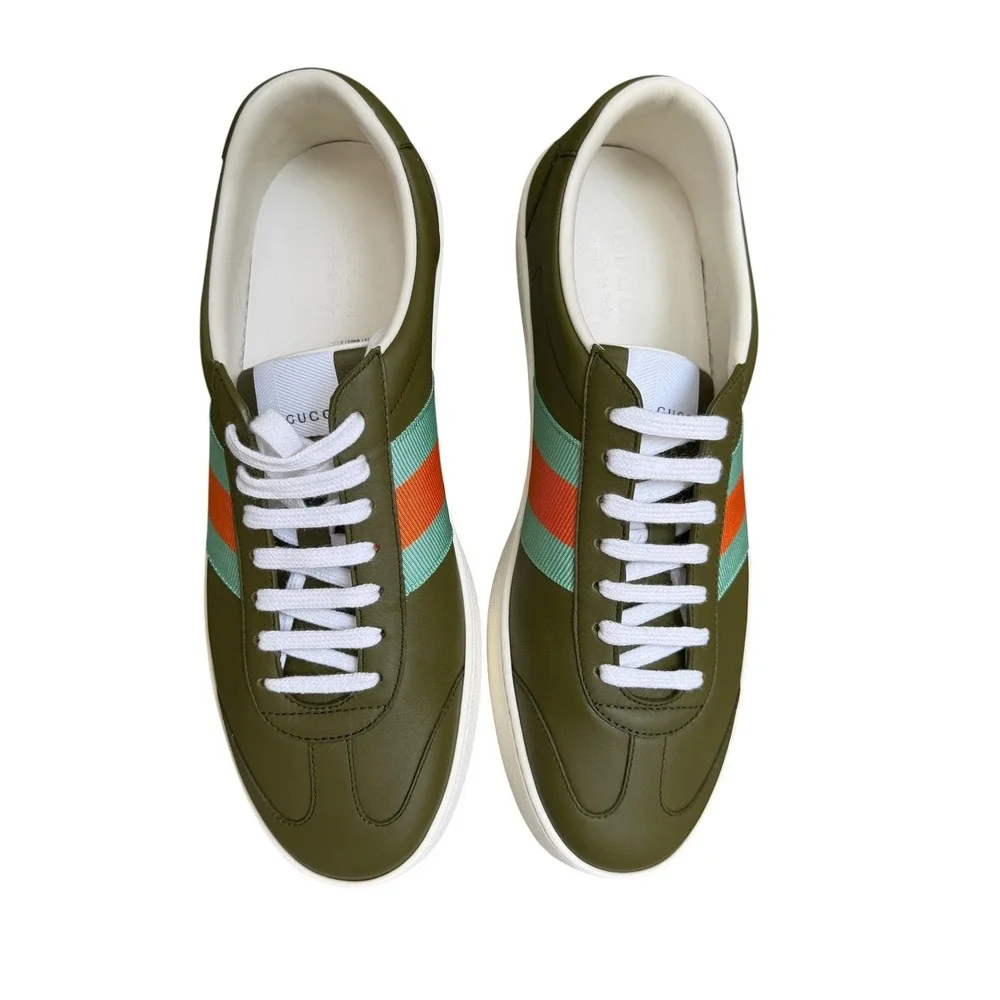 Gucci G74 Leather Sneakers Olive Green Blue Orange Web Stripe 858981 Mens 9G